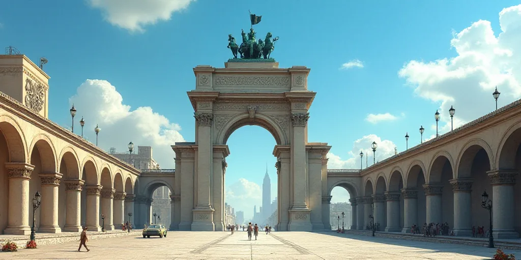 a large arch with a statue on top of it in a city square with a blue sky in the background, Alejandr