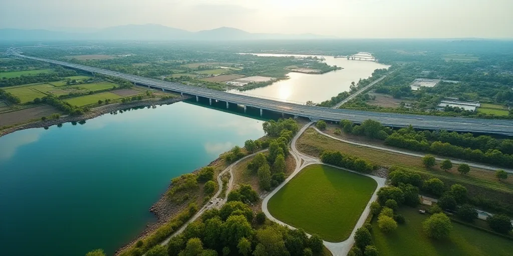 a large area of land with a road and a bridge in the middle of it and lots of water, Ceferí Olivé,