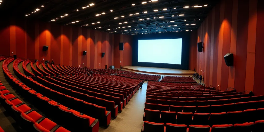 a large auditorium with rows of chairs and a stage with a large screen on the wall behind it and peo