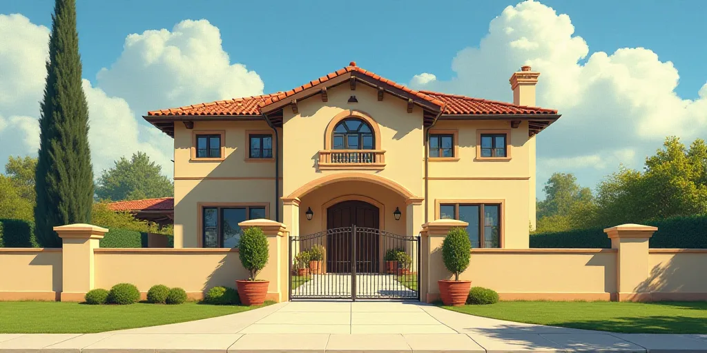 a large beige house with a gate and a planter in front of it and a blue sky in the background, Elbri