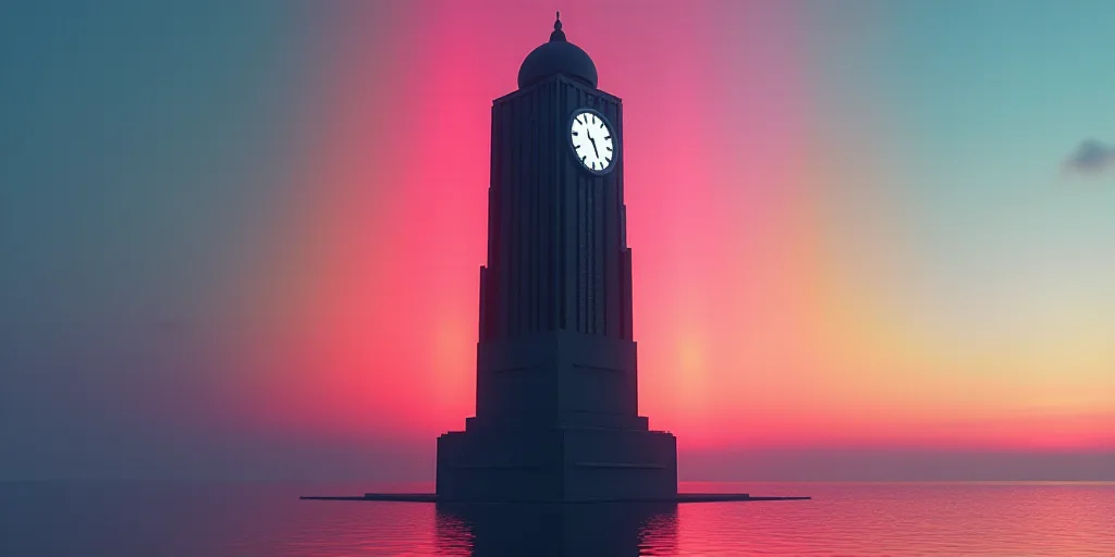 a large black tower with a clock on top of it's side and a rainbow colored background behind it, Bee