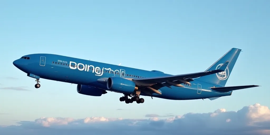 a large blue airplane with the word boeing on it's side and a sky background with clouds in the back