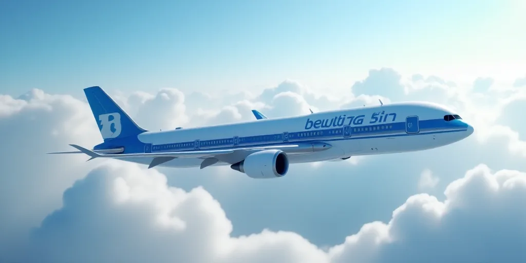 a large blue and white jet flying through a cloudy sky with the word boeing written on it's side, Be