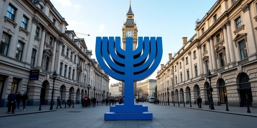 a large blue menorah in the middle of a street with a clock tower in the background in london, De Hi