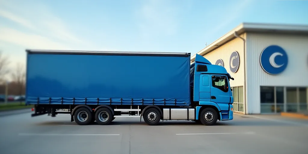 a large blue truck parked in a parking lot next to a building with a logo on it's side, Ceferí Oliv