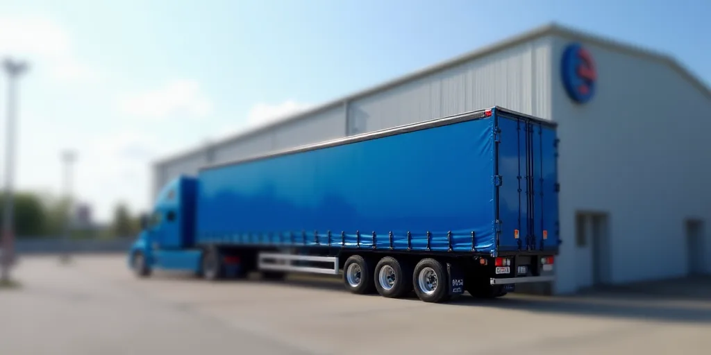 a large blue truck parked in a parking lot next to a building with a logo on it's side, Ceferí Oliv
