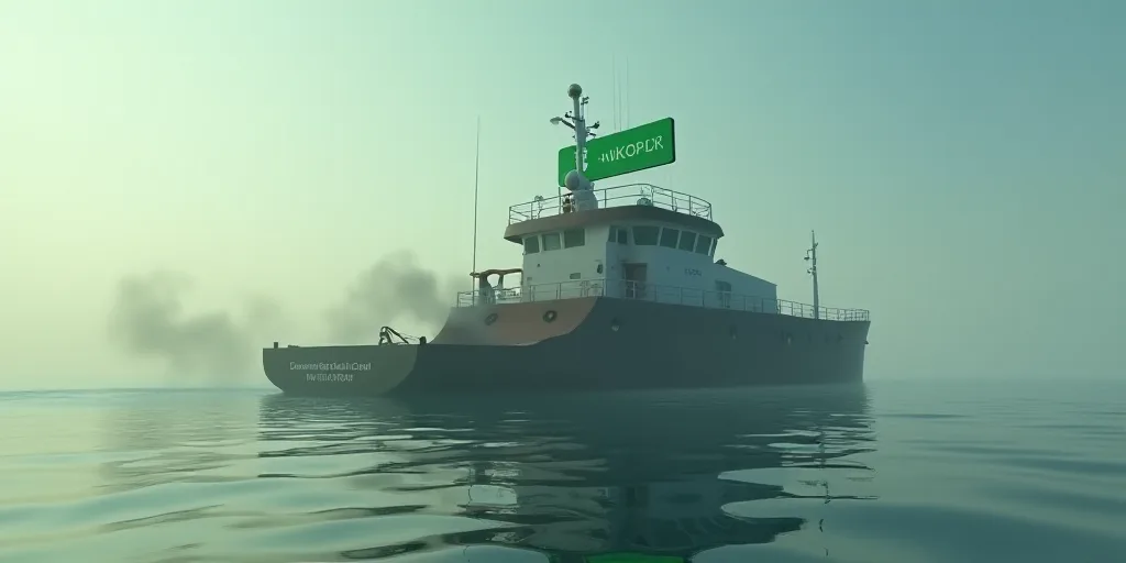 a large boat is in the water with smoke coming out of it's back end and a green sign above it, Dahlo