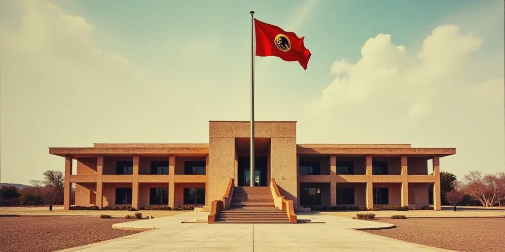 a large building with a flag flying in front of it and a flag pole in the middle of the building, Da