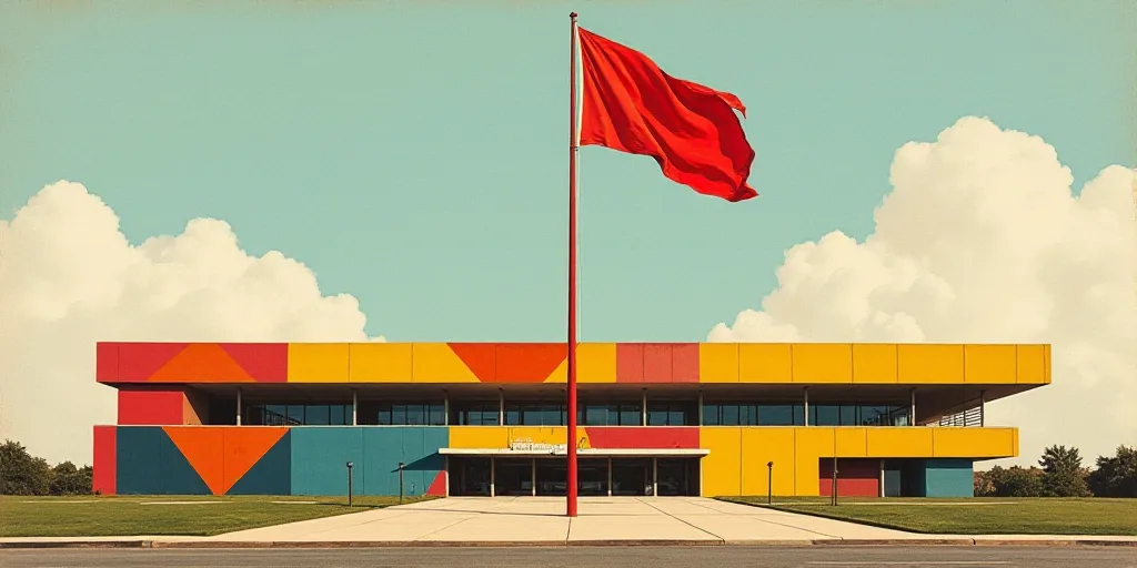 a large building with a flag flying in front of it and a flag pole in the middle of the building, Da
