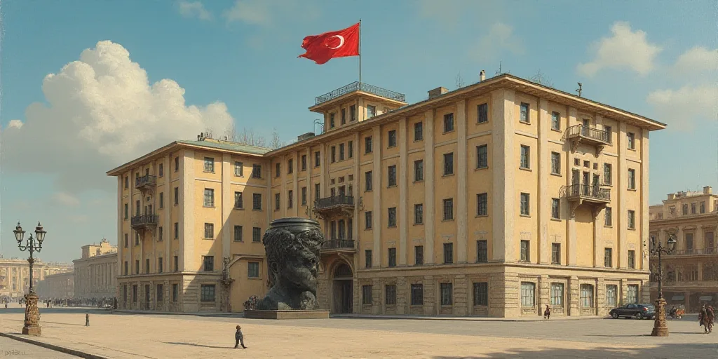 a large building with a flag flying in front of it's windows and a balcony on top of it, Bouchta El