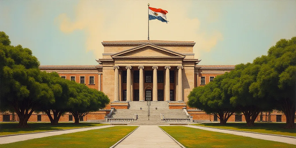 a large building with a flag on top of it's roof and trees around it's perimeter, David Alfaro Sique