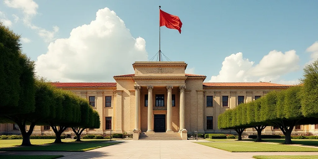 a large building with a flag on top of it's roof and trees around it's entrance, David Alfaro Siquei