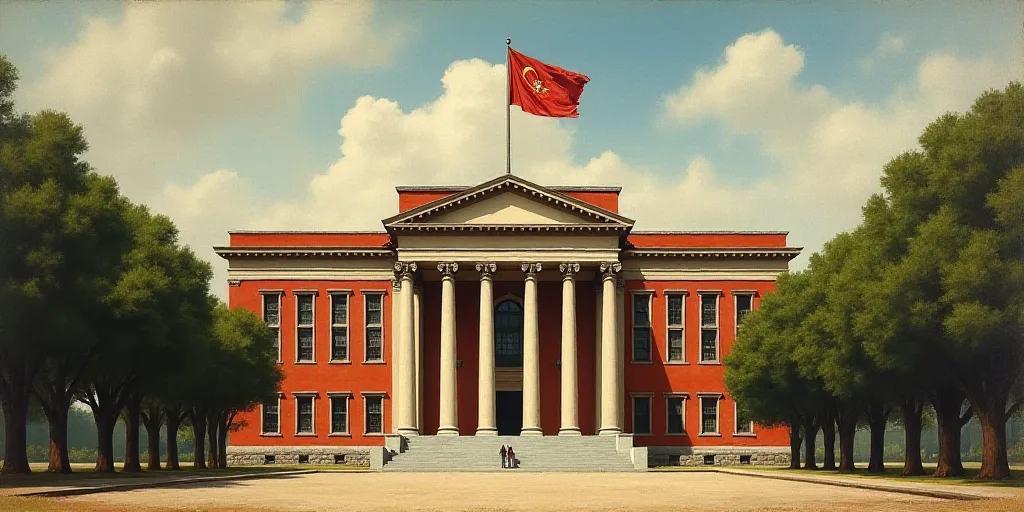 a large building with a flag on top of it's roof and trees around it's perimeter, David Alfaro Sique