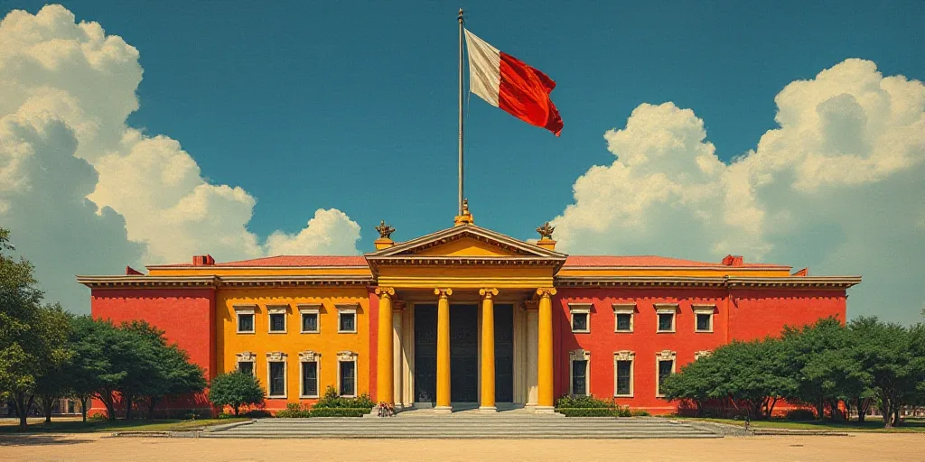 a large building with a flag on top of it's roof and a flag pole in front of it, David Alfaro Siquei