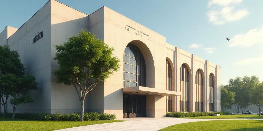 a large building with a large entrance and a clock on the side of it's face and a tree in front of i