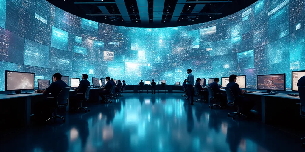 a large building with a lot of monitors on the wall and people working on computers on the floor in