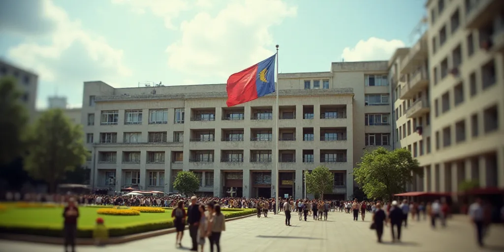 a large building with a lot of windows and a lot of people standing outside of it with a flag, Carlo