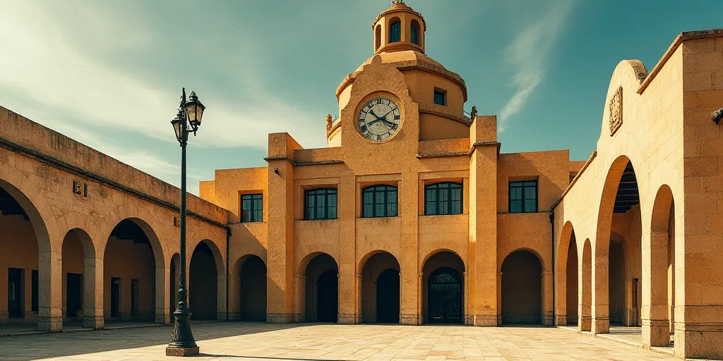 a large building with a lot of windows and a clock on the front of it's face and a street light, Dav