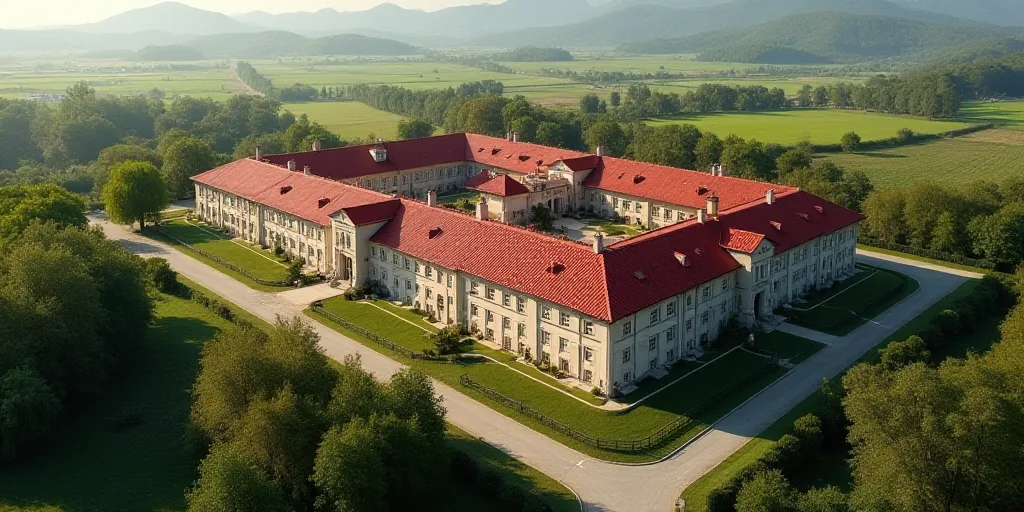 a large building with a lot of red roofs in a rural area with trees and a road running through it, A