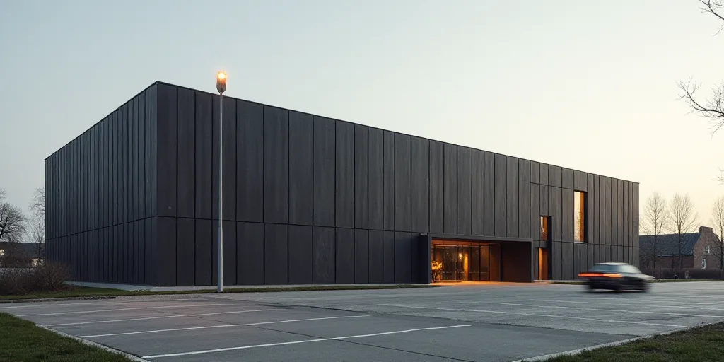 a large building with a parking lot next to it and a street light in front of it and a car driving b