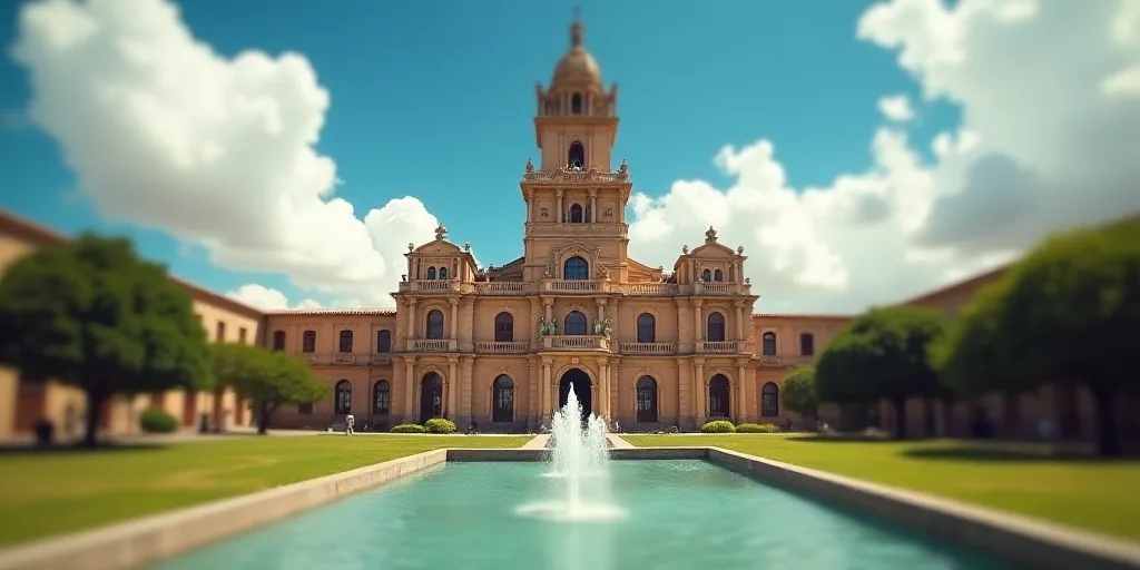 a large building with a tower and a fountain in front of it with a sky background and clouds in the