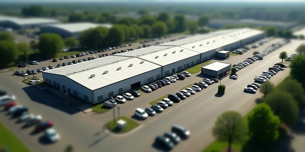 a large building with many roofs and cars parked in front of it and a parking lot in front of it, En