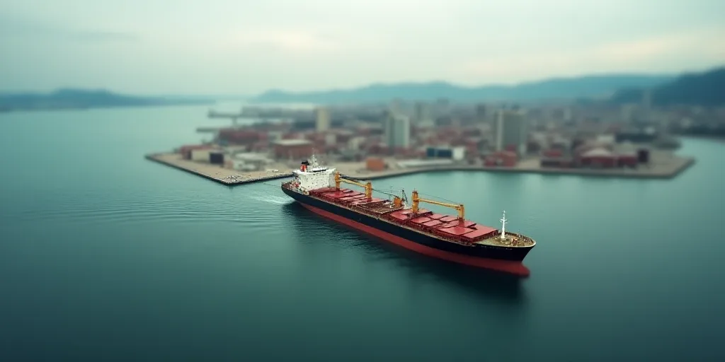 a large cargo ship is docked in a harbor with a city in the background and a large body of water, Ed