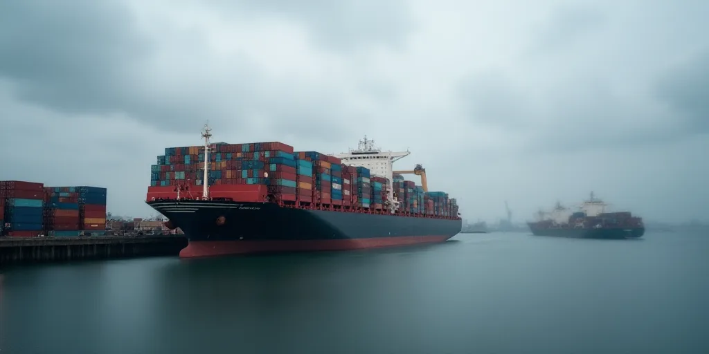 a large cargo ship loaded with containers at a dock in a harbor with a cloudy sky above it and a doc