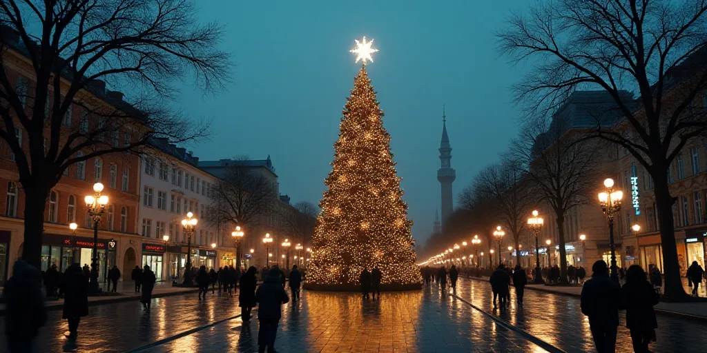 a large christmas tree in a city square with people walking around it and a christmas tree in the mi