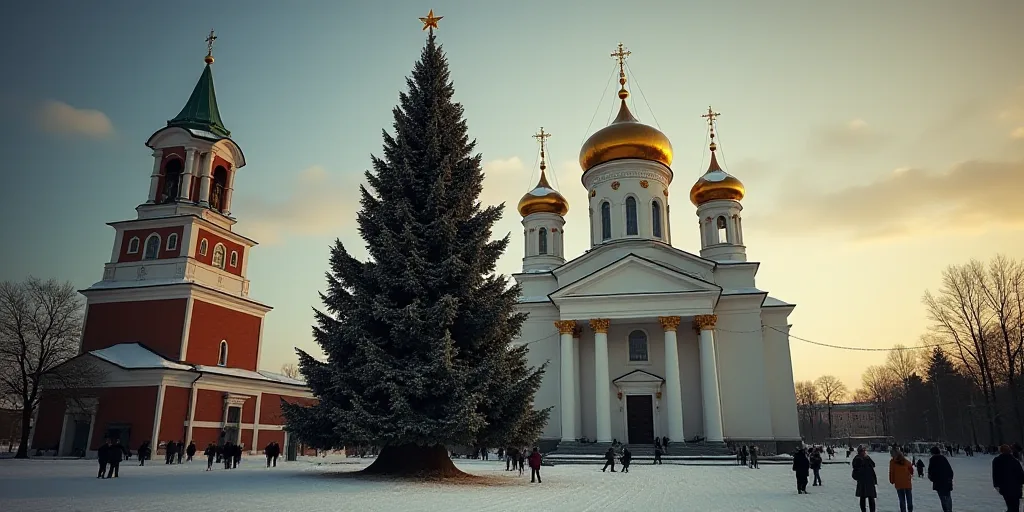 a large christmas tree in front of a church with a gold dome on top of it and people walking around,