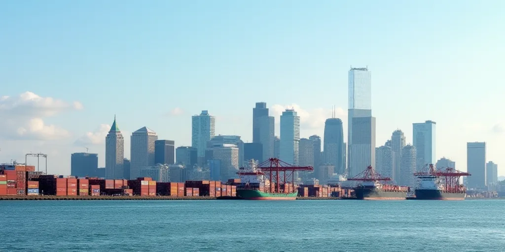 a large city skyline with a large amount of shipping containers in the foreground and a large body o
