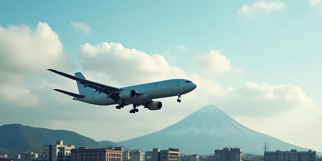 a large commercial airplane flying in the sky with buildings in the background and a mountain in the