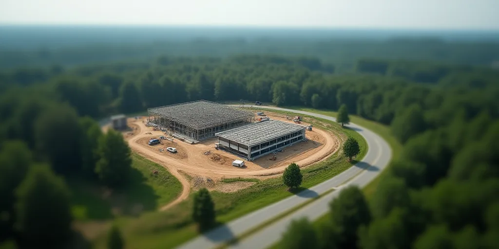 a large construction site in the middle of a forest area with a road running through it and a buildi