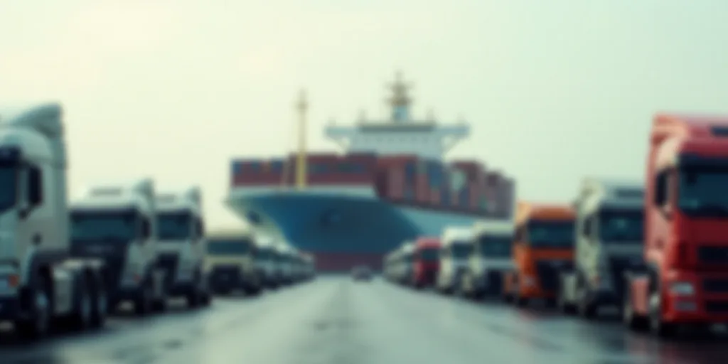 a large container ship is in the background of a parking lot full of cars and trucks in front of it,