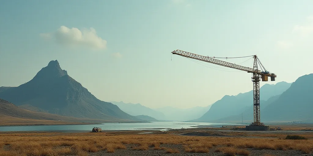 a large crane is in a large open area of land with a mountain in the background and a river running