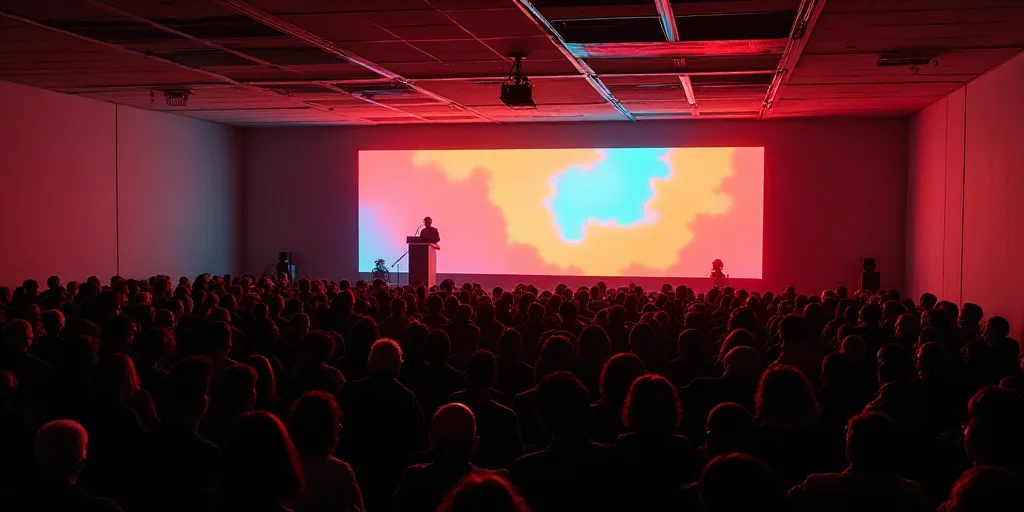 a large crowd of people sitting in a room with a speaker on a podium in front of them and a screen i