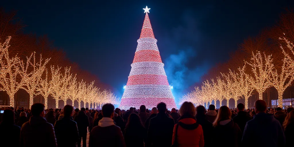 a large crowd of people standing around a christmas tree display at night time with lights on the tr