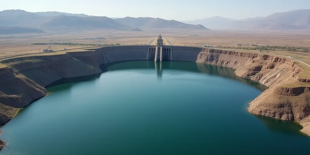 a large dam with a large body of water in the middle of it and a large building in the background, A