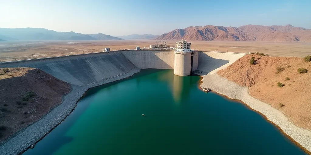 a large dam with a large body of water in the middle of it and a large building in the background, A