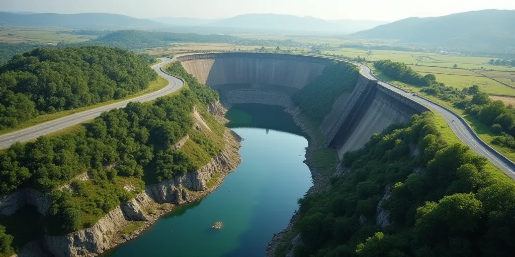 a large dam with a river running through it and a road running through it that leads to the top of t