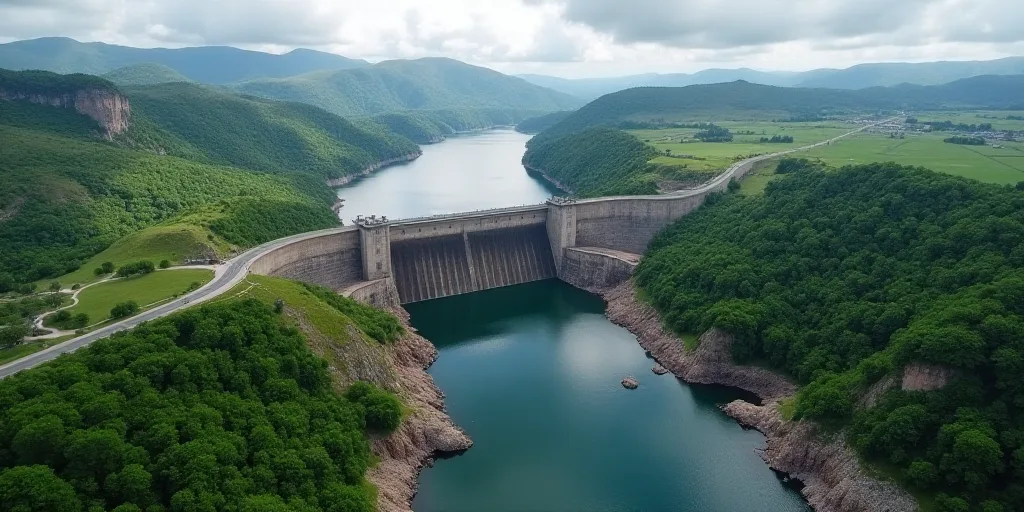 a large dam with a river running through it and a road running through it that leads to the top of t