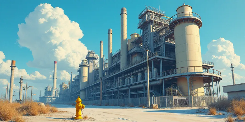 a large factory with a lot of pipes and a yellow fire hydrant in the background with a blue sky, Dah
