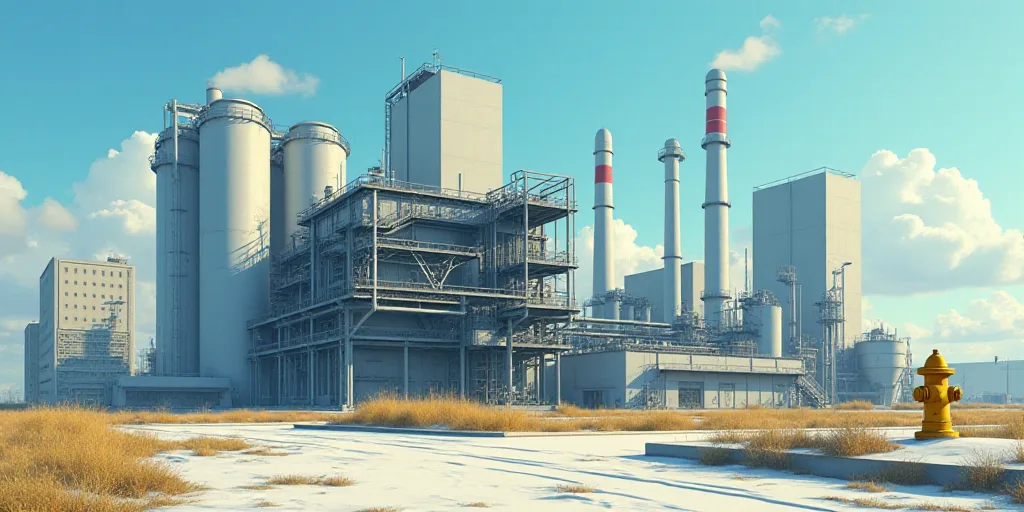 a large factory with a lot of pipes and a yellow fire hydrant in the background with a blue sky, Dah