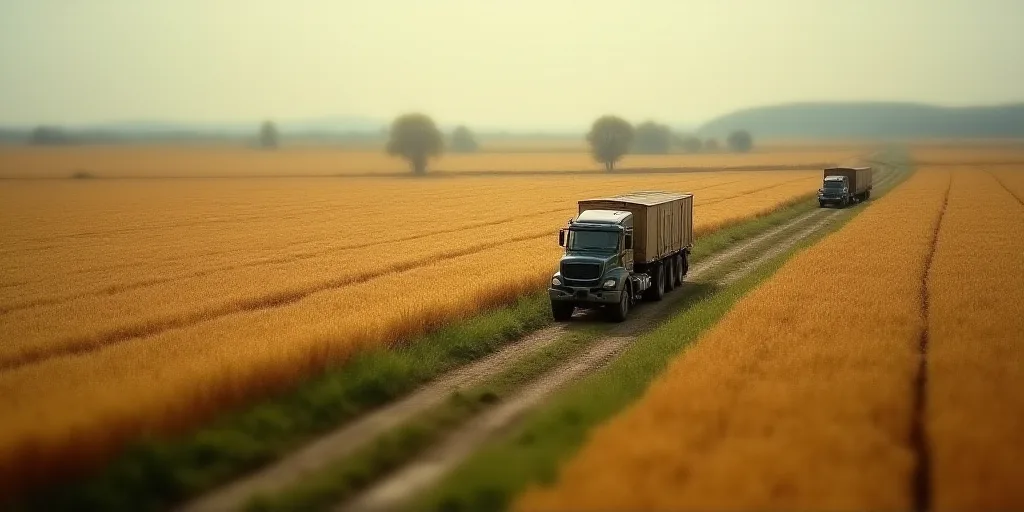 a large field with a tractor and a truck on it and a road in the middle of it with a dirt road, Edi