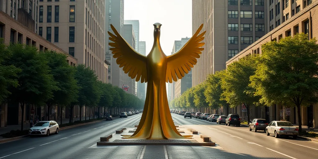 a large golden bird statue in the middle of a city street with tall buildings in the background and