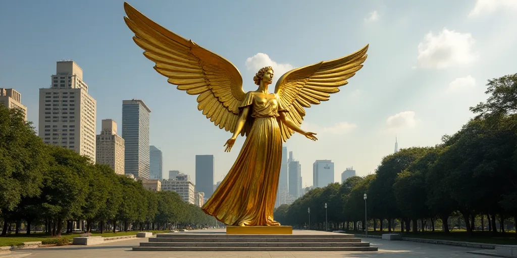 a large golden statue of an angel in a city park with tall buildings in the background and a city sk