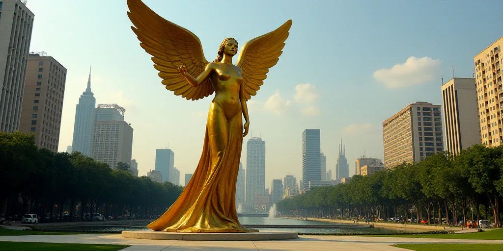 a large golden statue of an angel in a city park with tall buildings in the background and a city sk