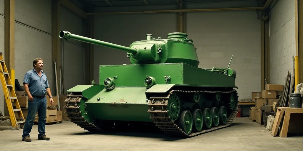 a large green tank sitting inside of a warehouse next to a man in a blue shirt and a ladder, Amédé