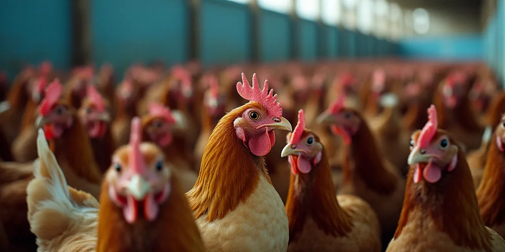 a large group of chickens in a building with a blue roof and a row of other chickens in the backgrou