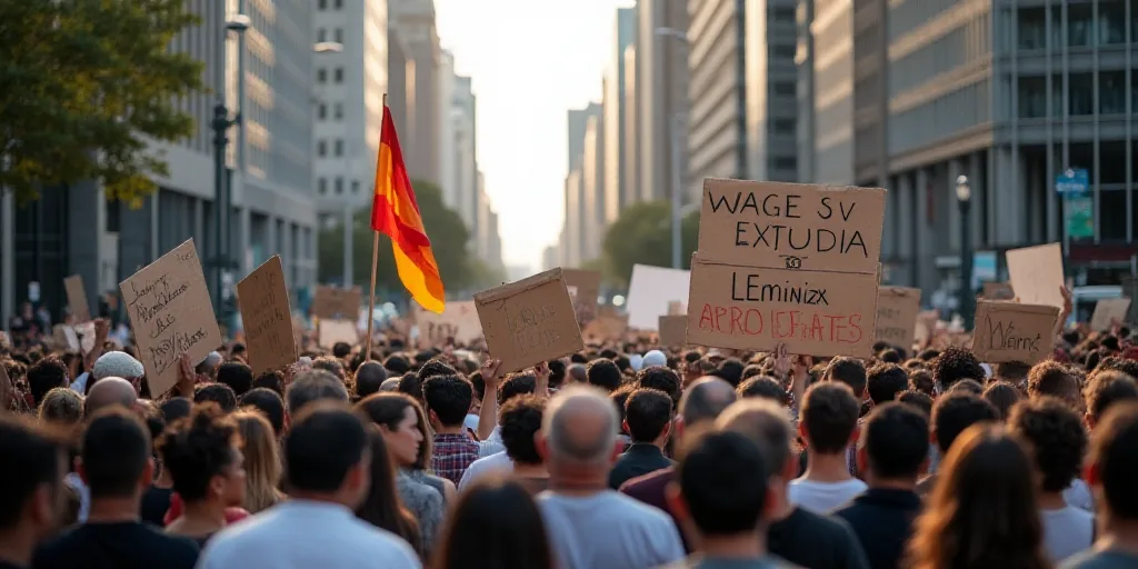 a large group of people holding a protest sign in a city street with buildings in the background and